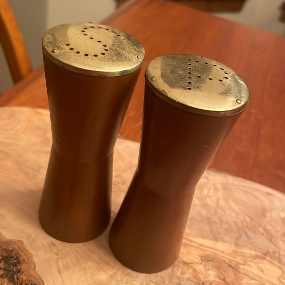 Vintage Wood and Brass Salt & Pepper Shakers